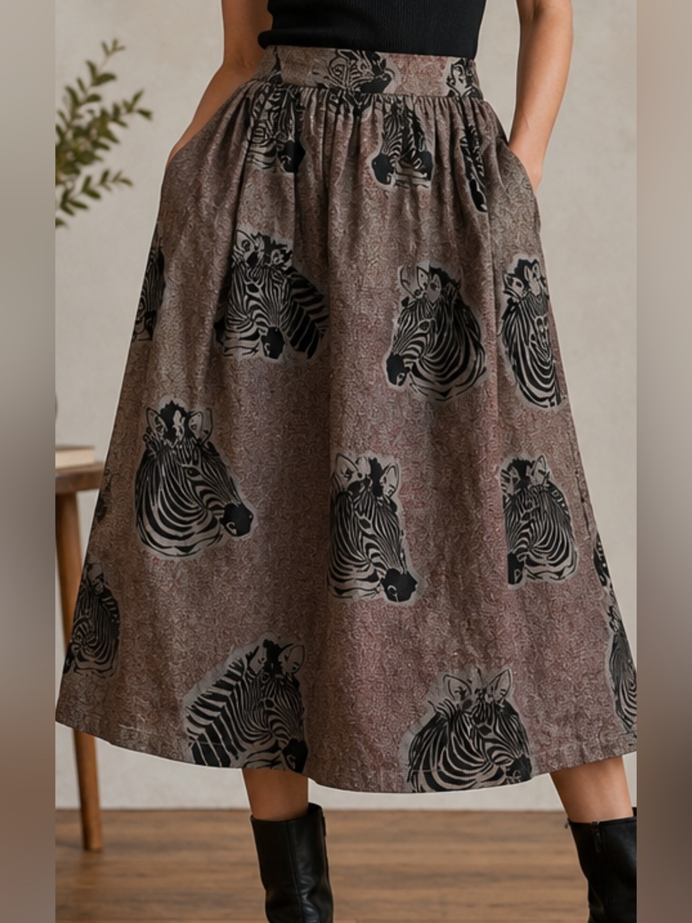 Anthropologie Brown Midi Skirt with Black Zebra Head Print
